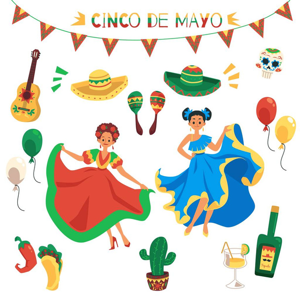 Cinco de mayo element wypoczynkowy izolowany zestaw - płaskie symbole kultury meksykańskiej. - Wektor, obraz