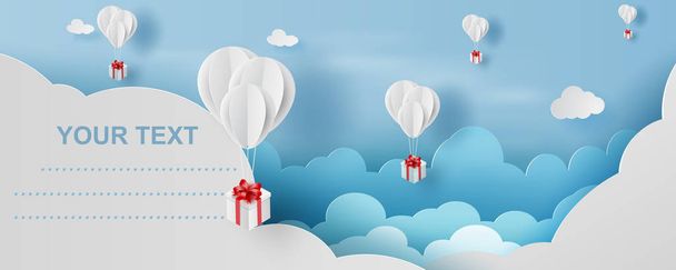 3D paper art and craft style of balloon white  floating and Gift - Vector, Imagen