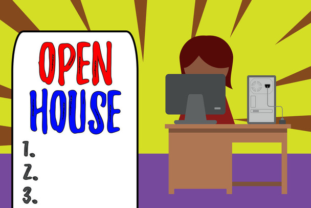 Handwriting text Open House. Concept meaning a place or situation in which all visitors are welcome to go in Young female working office sitting desktop computer office monitor photo. - Photo, Image