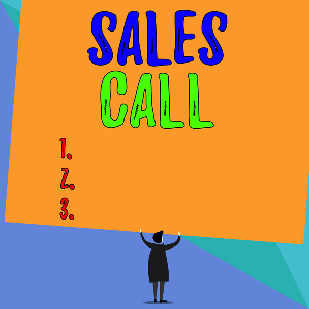 Conceptual hand writing showing Sales Call. Business photo showcasing a phone call made by a sales representative of a company Short hair woman dress hands up holding blank rectangle. - Photo, Image