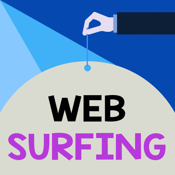 Writing note showing Web Surfing. Business photo showcasing Jumping or browsing from page to page on the internet webpage Male hand arm needle punching big blank balloon geometrical background. - Photo, Image