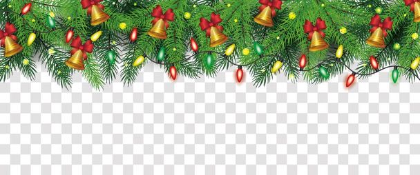 Seamless christmas border with green tree branches, string lights, bells and garlands. - ベクター画像
