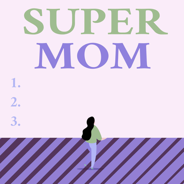 Schreibnotiz, die Super-Mama zeigt. Business-Foto, das eine Mutter zeigt, die Kinderbetreuung und Vollzeitbeschäftigung kombinieren kann. - Foto, Bild