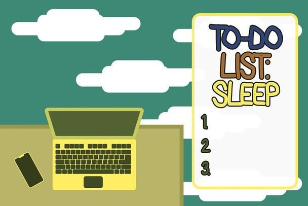Szövegírási szöveg To Do List Sleep. Üzleti koncepció a dolgok tenni Prioritás tárgy, hogy egy kis pihenés Felső nézet irodai munkahely laptop fekvő fa íróasztal okostelefon oldalon. - Fotó, kép