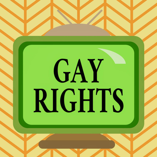 Sözcük yazma Gay Hakları. Eşcinseller için eşit medeni ve sosyal haklar konsepti kare dikdörtgen eski renkli boyalı televizyon resmi ahşap tasarımı. - Fotoğraf, Görsel