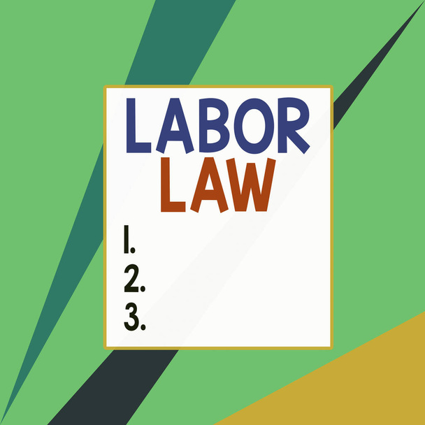 Εννοιολογική γραφή με το χέρι που δείχνει Εργατικό Δίκαιο. Κανόνες επαγγελματικού φωτογραφικού κειμένου σχετικά με τα δικαιώματα και τις ευθύνες των εργαζομένων Τετράγωνο ορθογώνιο φύλλο χαρτιού φορτίο με πλήρες θέμα μοτίβο. - Φωτογραφία, εικόνα