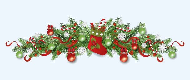Guirlanda de Natal e fronteira com galhos de árvore de xmas e bota para presentes, flocos de neve e bolas
. - Vetor, Imagem