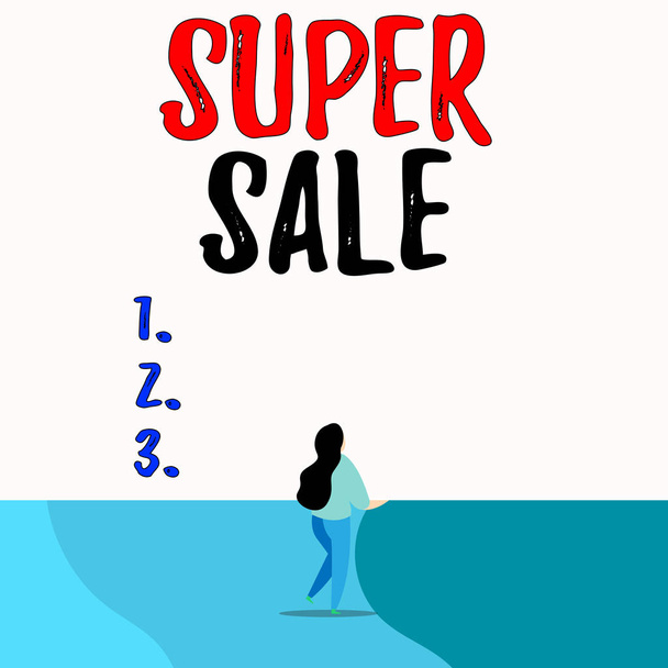 Conceptual hand writing showing Super Sale. Business photo text offering exceptional discounts on selected products and services Back view young long hair woman holding blank square announcement. - Photo, Image