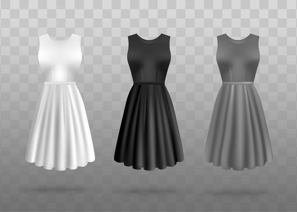 Set of realistic white, black and gray dresses template and mockup for woman, front view. - Vektori, kuva