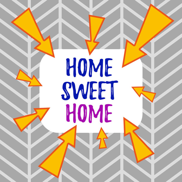 Szövegírási szöveg Home Sweet Home. Üzleti koncepció a házban végül Kényelmes érzés Nyugodt családi idő Aszimmetrikus egyenetlen alakú formátum minta objektum vázlat többszínű design. - Fotó, kép
