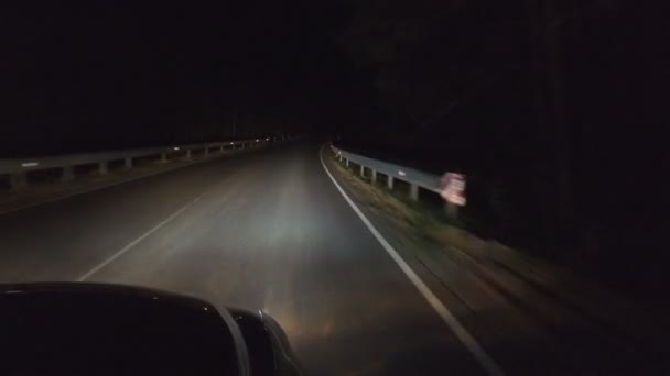 Éjszakai út, autópálya a fák alagútján át az erdőben, az autó fényszóróinak fénye, kétirányú csillogó kerítés - Felvétel, videó