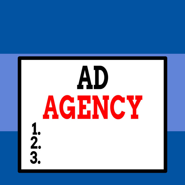 Conceptual hand writing showing Ad Agency. Business photo text business dedicated to creating planning and handling advertising Close up view big blank rectangle abstract geometrical background. - Photo, Image