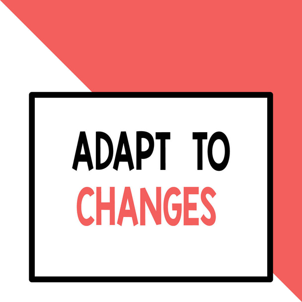 Znak tekstowy pokazujący Adapt To Changes. Conceptual photo Obejmij nowe możliwości Rozwój Adaptacja postępu Front close up zobacz duży pusty prostokąt abstrakcyjny geometryczne tło. - Zdjęcie, obraz