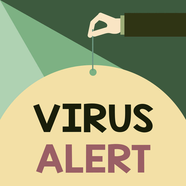 Writing note showing Virus Alert. Business photo showcasing message warning of a nonexistent computer virus threat Male hand arm needle punching big blank balloon geometrical background. - Photo, Image