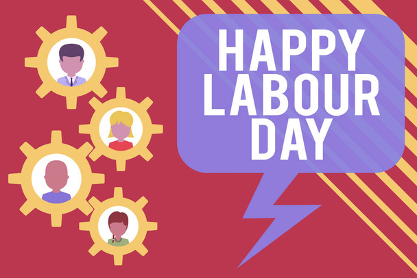 Handwriting text Happy Labour Day. Concept meaning annual holiday to celebrate the achievements of workers Gearshaped picture frame family ornament mother father daughter son photo. - 写真・画像