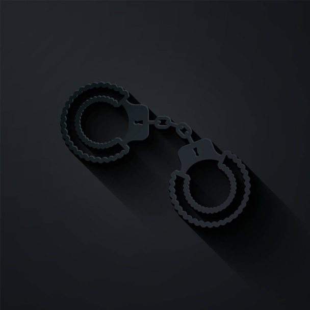 Paper cut Sexy fluffy handcuffs icon isolated on black background. Handcuffs with fur. Fetish accessory. Sex shop stuff for sadist and masochist. Paper art style. Vector Illustration - Wektor, obraz