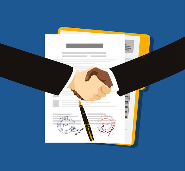успешная сделка, рукопожатие по контракту со знаком и штампом, векторная иллюстрация концепции
 - Вектор,изображение