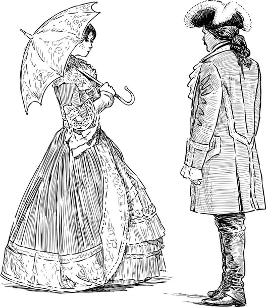 Sketches of lady and gentlemen in luxury historical costumes standing and talking - Vector, Image