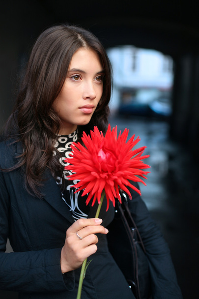 Woman with red flower - Fotoğraf, Görsel
