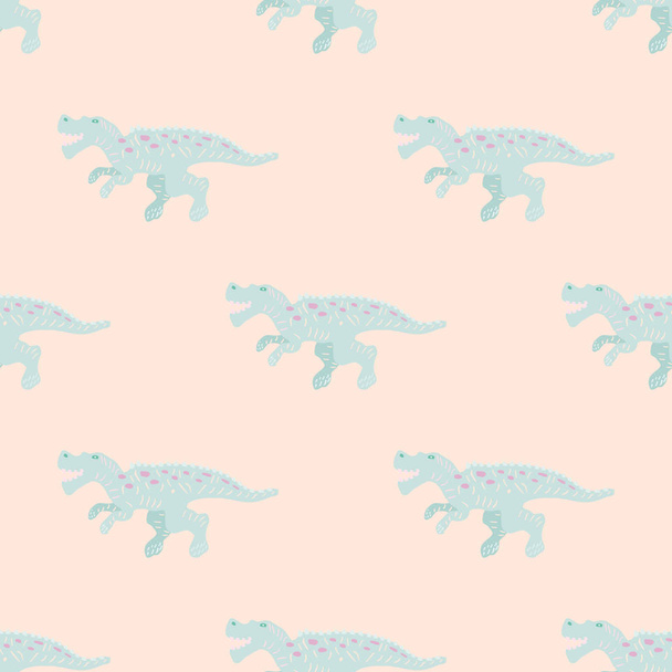 かわいいターコイズ恐竜のシンプルなシームレスなパターン上の赤面ピンク. - ベクター画像
