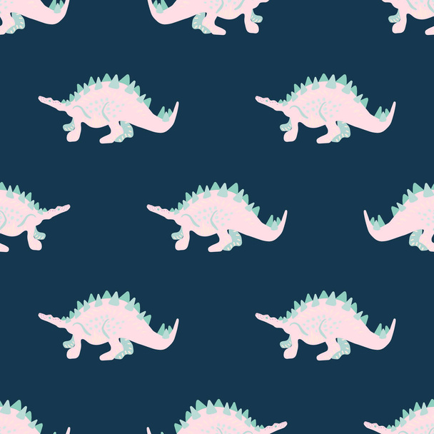 Pink girl dinosaur seamless pattern on blue. - Вектор, зображення
