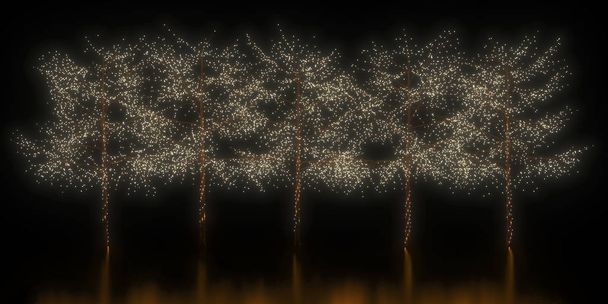 viele Bäume in der Nacht mit leuchtenden Glühbirnen dekoriert ist isoliert auf einem schwarzen Hintergrund. Attrappe mit Kopierraum. 3D-Darstellung - Foto, Bild