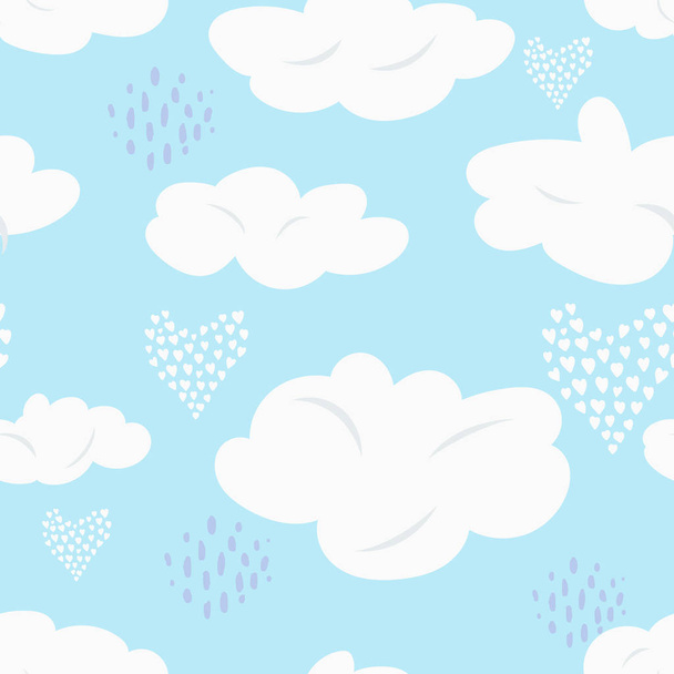 Cute pattern with white clouds and hearts on sky - Vector, Image