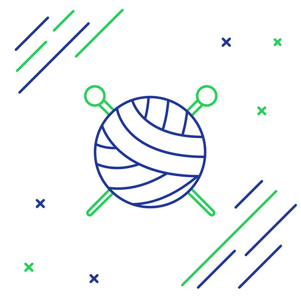 Modrá a zelená čára Příze koule s pletací jehlice ikona izolované na bílém pozadí. Štítek na ruční výrobu, pletení nebo na zakázku. Barevný koncept. Vektorová ilustrace - Vektor, obrázek