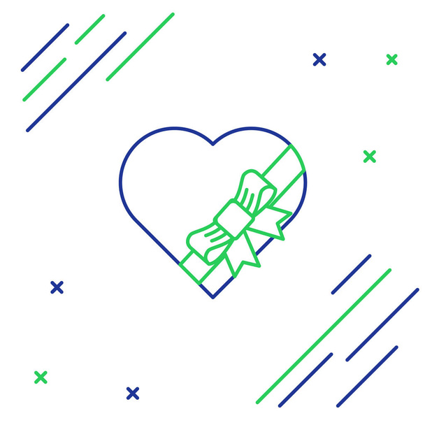 青と緑のラインハート型の箱と白い背景に隔離された弓のアイコンでキャンディ。バレンタインデー。カラフルなアウトラインコンセプト。ベクターイラスト - ベクター画像
