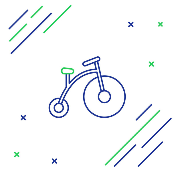 Niebiesko-zielona linia Vintage rower z jednym dużym kołem i jedną małą ikoną izolowane na białym tle. Znak komunikacji miejskiej roweru. Kolorowy koncept. Ilustracja wektora - Wektor, obraz