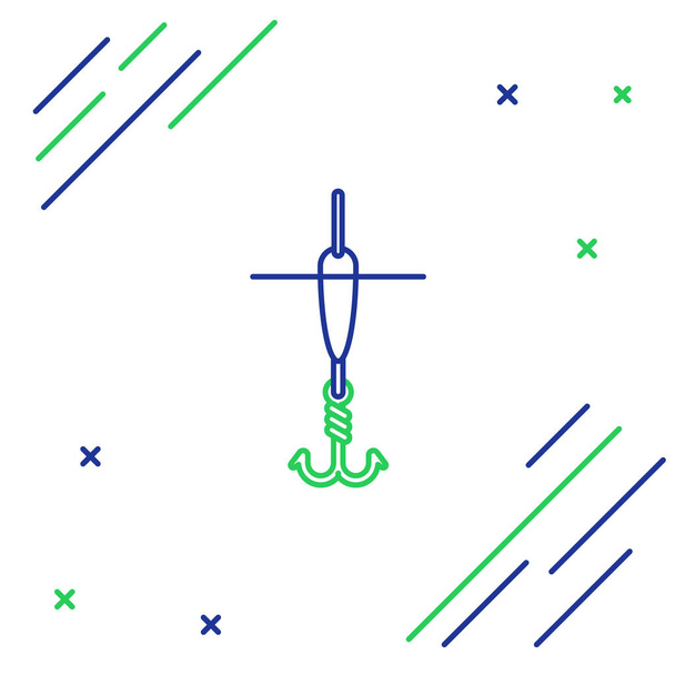 Blauwe en groene lijn Vishaak en vlotter pictogram geïsoleerd op witte achtergrond. Visserij tackle. Kleurrijk concept. Vector Illustratie - Vector, afbeelding