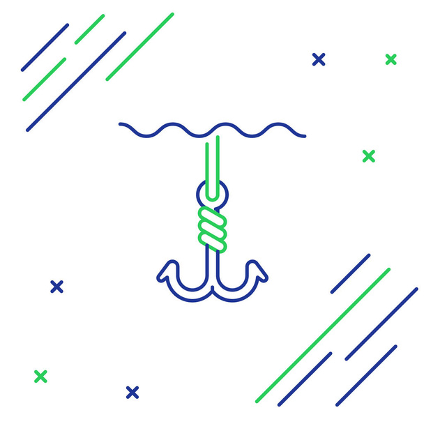 Línea azul y verde Gancho de pesca bajo el icono del agua aislado sobre fondo blanco. Aparejos de pesca. Concepto de esquema colorido. Ilustración vectorial
 - Vector, imagen