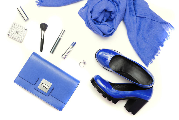 Collection of blue women's accessories for special date or holiday. Flat lay. Trendy color of 2020 Year. - Φωτογραφία, εικόνα