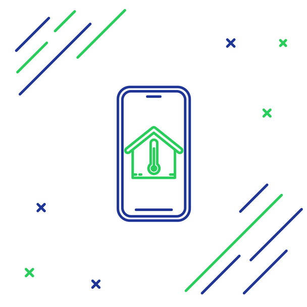 Μπλε και πράσινη γραμμή Κινητό τηλέφωνο με εικονίδιο θερμοκρασίας σπιτιού απομονωμένο σε λευκό φόντο. Εικόνα θερμόμετρου. Πολύχρωμο περίγραμμα έννοια. Εικονογράφηση διανύσματος - Διάνυσμα, εικόνα