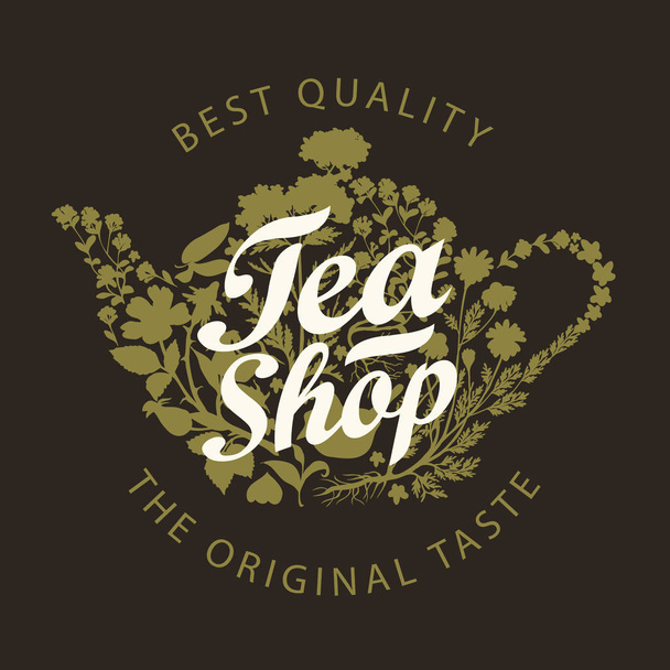 Vector banner for tea shop with teapot and herbs - Vector, afbeelding