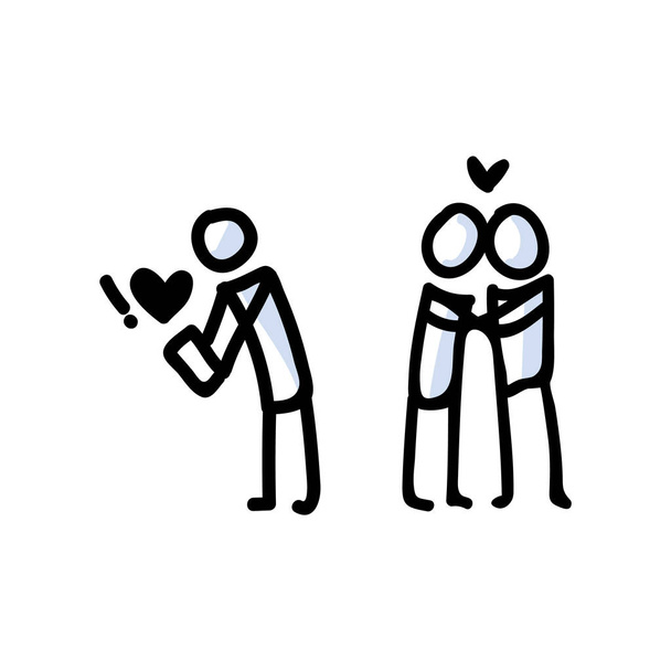  Hand Drawn Romantic Stick Figure Couple. Concept of Love Relationship. Simple Icon Motif for Dating App Pictogram. Heart, Romance, Valentines Day, Anniversary Bujo Illustration. Vector EPS 10.  - ベクター画像