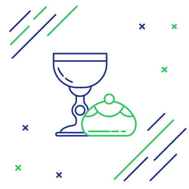 blaue und grüne Linie jüdischer Pokal und Chanukka sufganiyot Symbol isoliert auf weißem Hintergrund. Jüdische Süßbäckerei. Weinbecher für Kiddusch vorhanden. Buntes Rahmenkonzept. Vektorillustration - Vektor, Bild