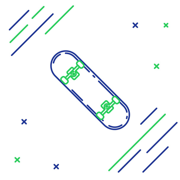 Línea azul y verde Icono de monopatín aislado sobre fondo blanco. Deporte extremo. Equipamiento deportivo. Concepto de esquema colorido. Ilustración vectorial
 - Vector, Imagen