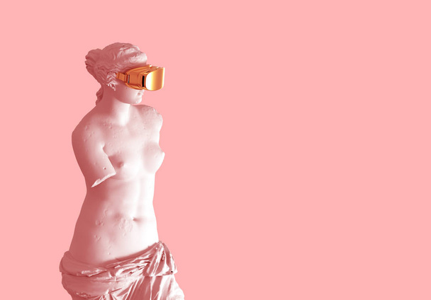 3D-Modell Aphrodite mit goldener Virtual-Reality-Brille auf rosa Hintergrund. - Foto, Bild