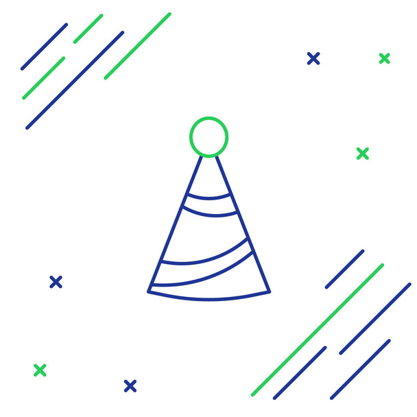 blaue und grüne Linie Parteihut Symbol isoliert auf weißem Hintergrund. Geburtstagshut. Buntes Rahmenkonzept. Vektorillustration - Vektor, Bild