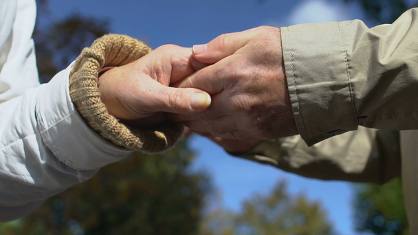 Hombre mayor sosteniendo la mano femenina al aire libre, pareja anciana romance, afecto amoroso
 - Metraje, vídeo