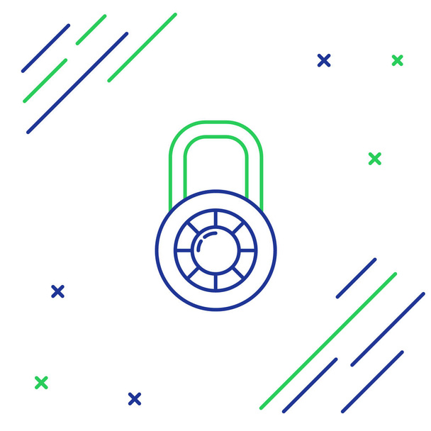 青と緑の線白い背景に隔離された安全な組み合わせロックホイールアイコン。組み合わせ南京錠。セキュリティ、安全性、保護、パスワード、プライバシー。カラフルなアウトラインコンセプト。ベクターイラスト - ベクター画像