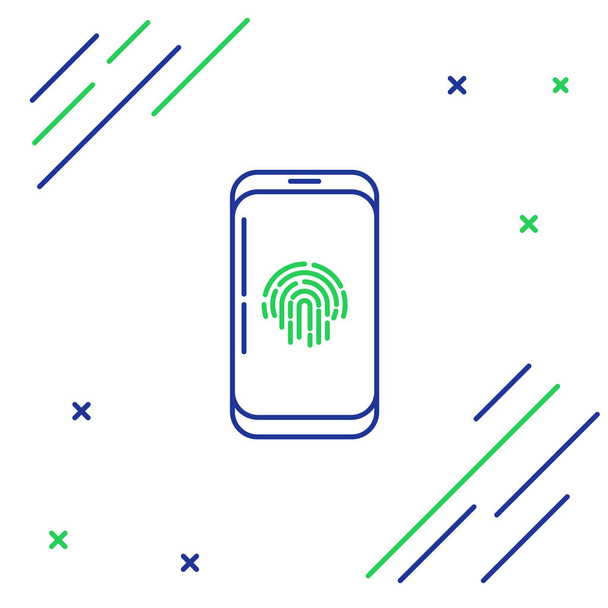 Smartphone de línea azul y verde con el icono del escáner de huellas dactilares sobre fondo blanco. Concepto de seguridad, acceso personal a través del dedo en el teléfono móvil. Concepto de esquema colorido. Ilustración vectorial
 - Vector, Imagen