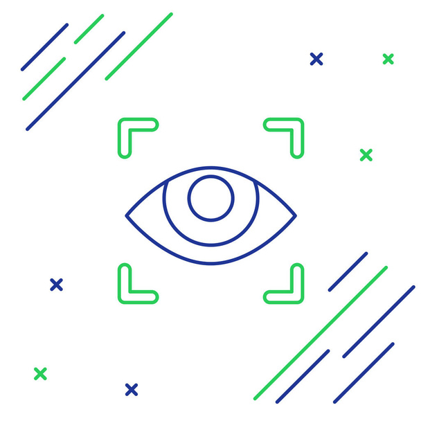 Línea azul y verde Icono de exploración ocular aislado sobre fondo blanco. Ojo escáner. Comprobación de seguridad. Signo cibernético. Concepto de esquema colorido. Ilustración vectorial
 - Vector, Imagen