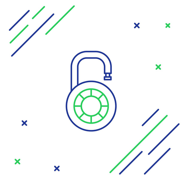 Синьо-зелена лінія Безпечна комбінація значка замка, ізольована на білому тлі. Комбінований замок. Безпека, захист, пароль, конфіденційність. Барвиста концепція контуру. Векторна ілюстрація
 - Вектор, зображення