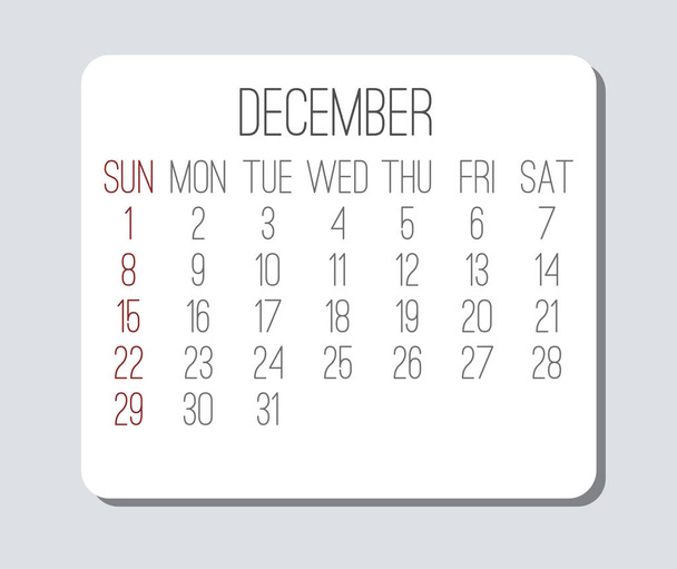 December jaar 2019 maandelijkse kalender - Vector, afbeelding