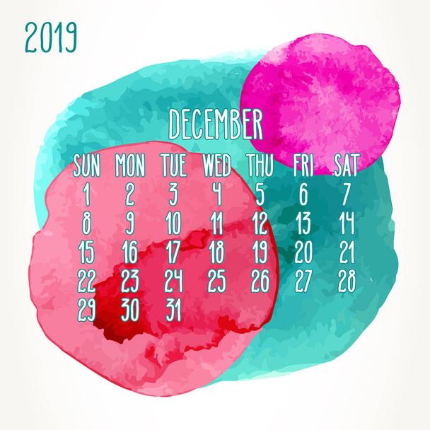 December year 2019 colorful watercolor paint monthly calendar - Vector, afbeelding