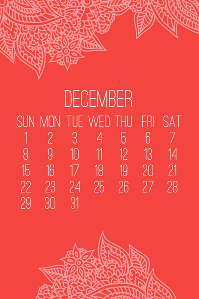 December year 2019 monthly calendar - Вектор, зображення