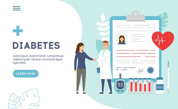 Medical diagnosis concept - Diabetes. Diabetes mellitus type 2 and insulin production concept. Doctor taking care of patient. Flat style. Vector illustration - Вектор,изображение