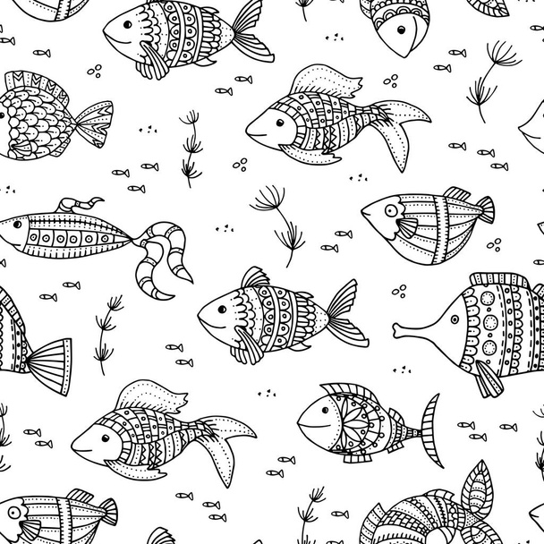 Seamless pattern with hand-drawn funny fish. Vector decorative sea background. - Vettoriali, immagini